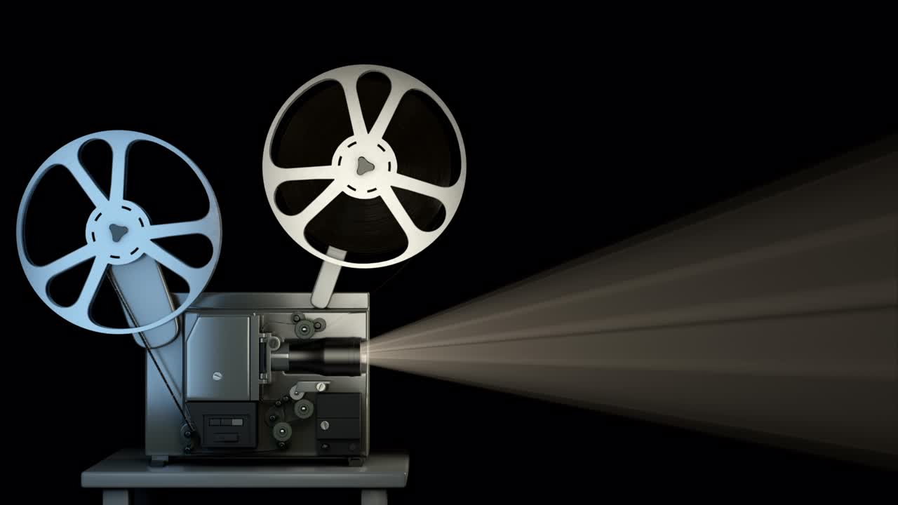 고립 된 레트로 시네마 프로젝터 는 검은색 배경 에 오래된 영화 를 재생