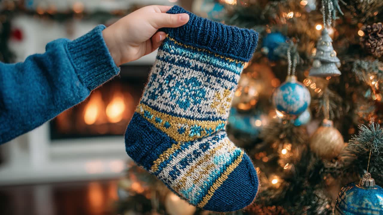 A Hand Holding a Beautifully Knitted Christmas Stocking Surrounded by Holiday Decorations and a Festive Tree, Capturing the Essence of the Season and Joyful Moments