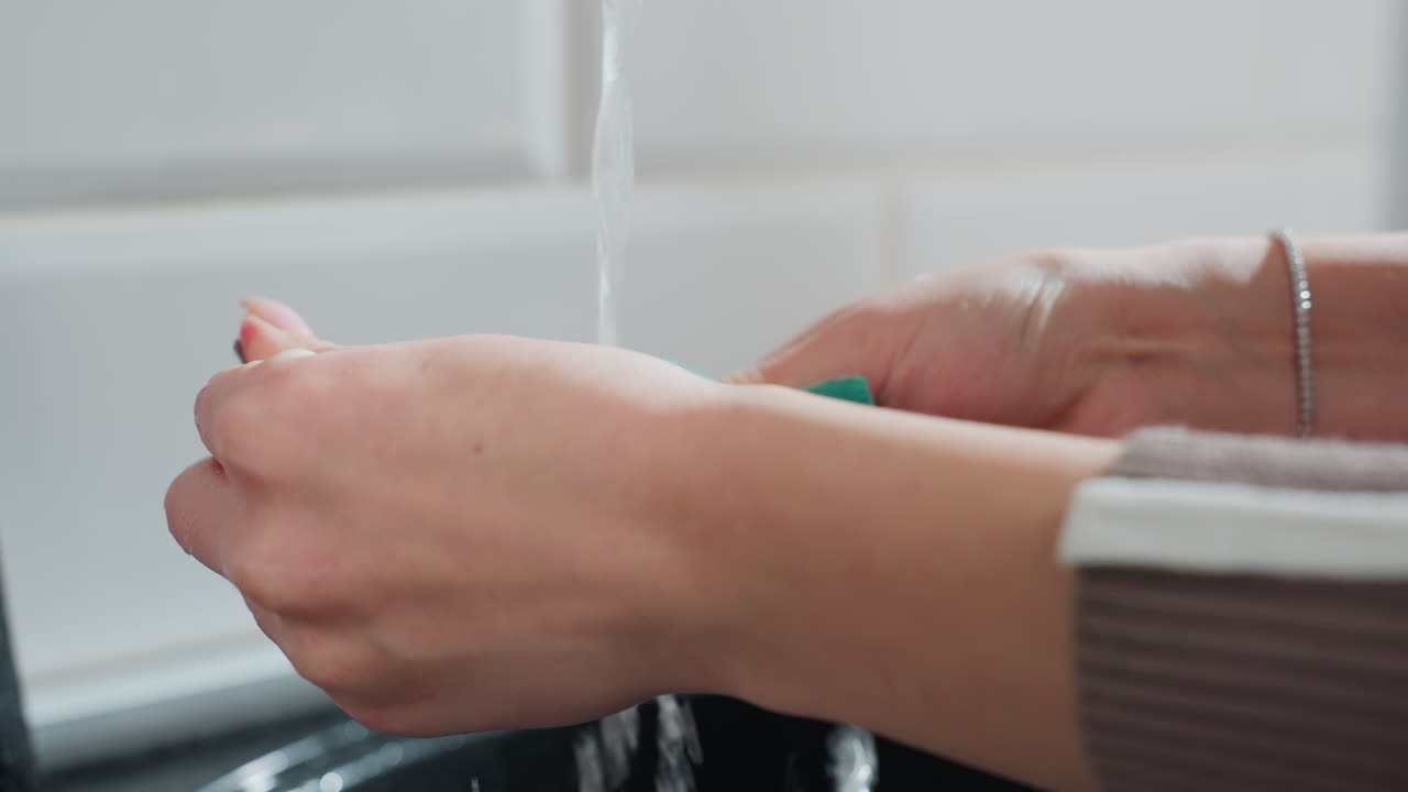 Close-up of hands with a wrist bracelet washing spoon under running tap water, kitchen sink setting, soft focus on hands and water droplets
