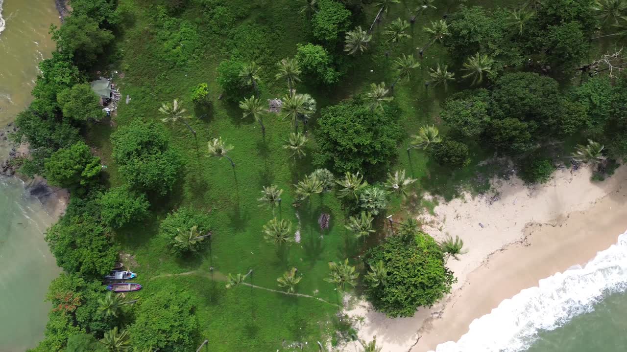 Aerial top down drone footage capturing boats anchored close to the palm-lined coast of Koh Lanta, Thailand, with turquoise sea, sandy remote beach, and lush green tropical landscape