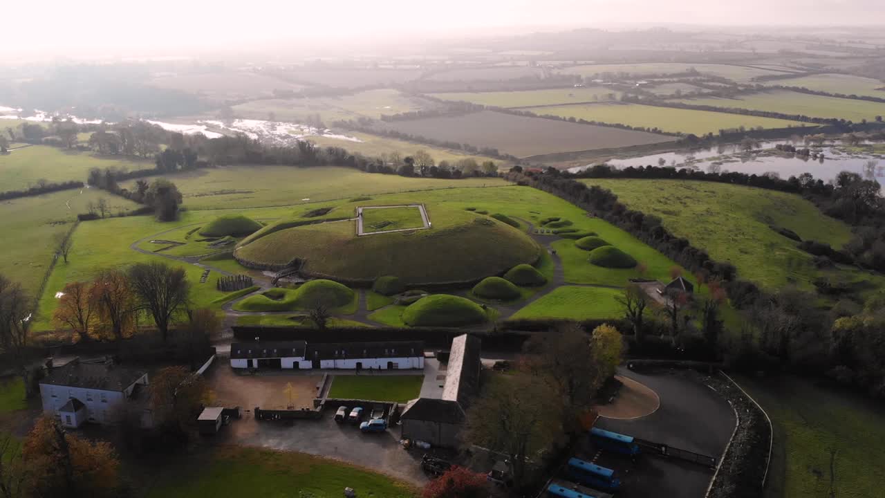 Knowth neolitic monument aerial birds eye shot. World Heritage site located near Drogheda, Ireland.