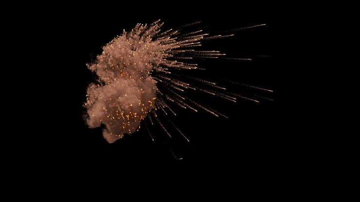 Massive explosion with trails and dust falling