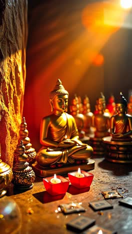 golden buddha statues and candles in a peaceful setting