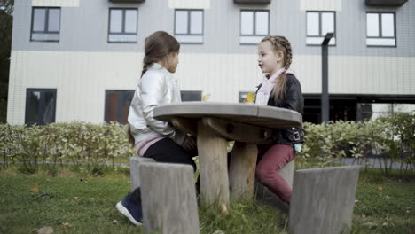 two girls talking at a wooden table in the park