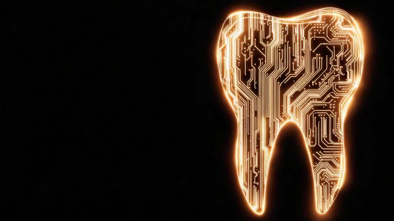 An Artistic Representation of a Tooth Engraved with Futuristic Circuit Patterns, Symbolizing the Intersection of Dentistry and Technology in a Modern World