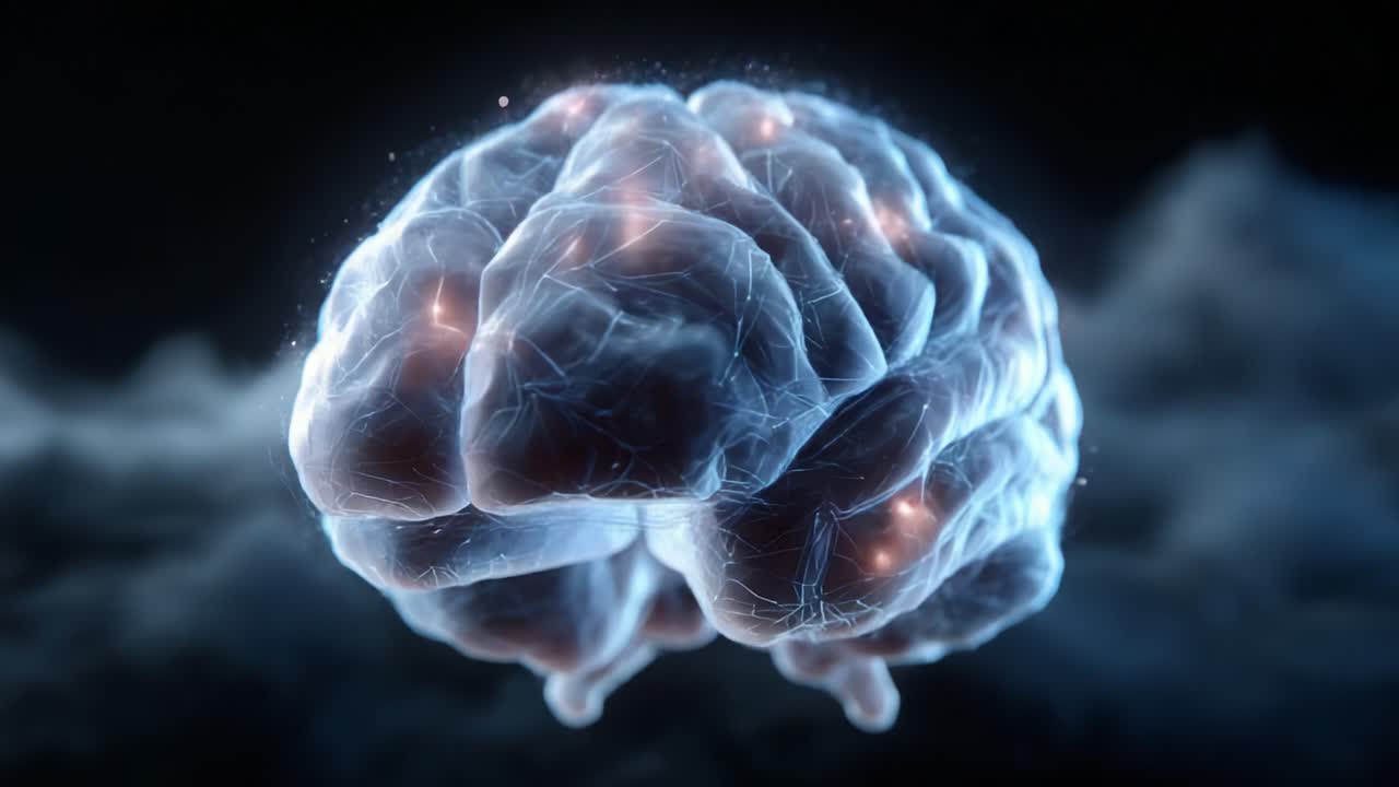 A Stunning Visualization of the Human Brain, Showcasing Its Intricate Neural Network and Glowing Connections in a Mystical Atmosphere with Dynamic Lighting Effects