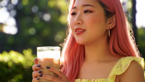 a young woman enjoys a refreshing beverage in a sunlit garden, reveling in a joyful moment surrounded by nature’s beauty and warmth