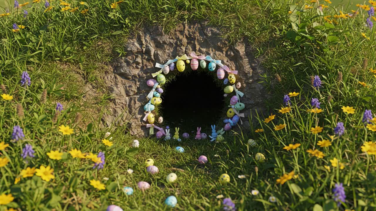 Una stravagante scena pasquale con una colorata tana di coniglio, decorata con uova festive e decorazioni allegre, circondata da fiori vivaci in un lussureggiante paesaggio verde