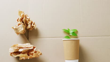 Close-up-of-paper-trash-and-cup-with-plant-on-cardboard-background,-with-copy-space