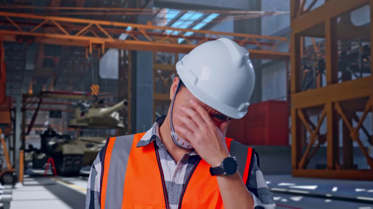 Close Up Of Asian Male Engineer With Safety Helmet Having A Headache ...