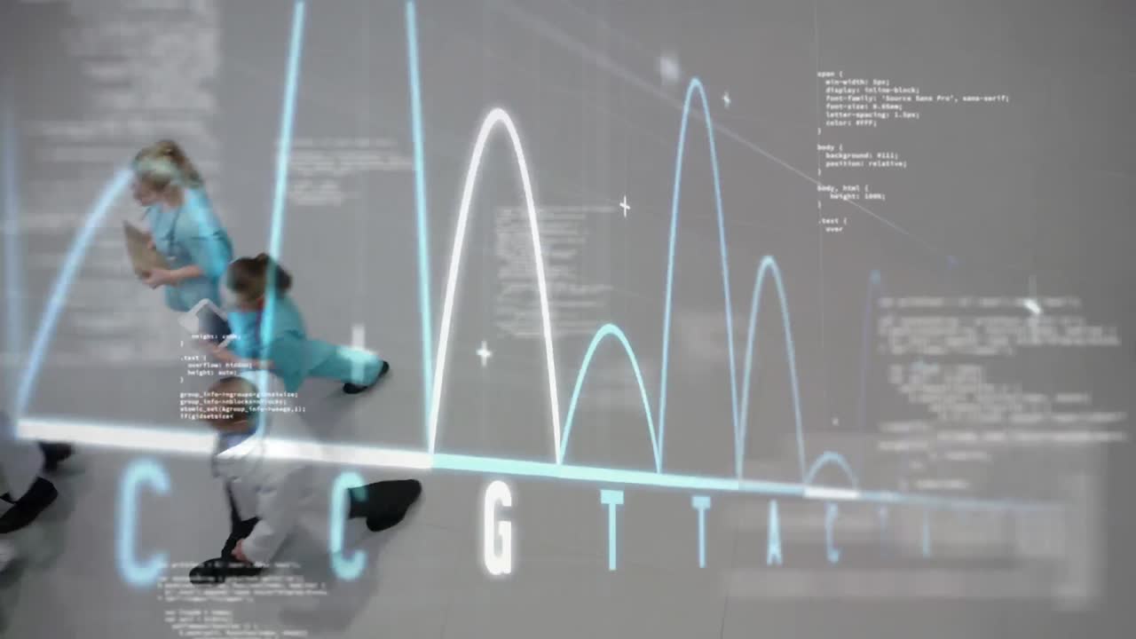 médicos caminando por el vestíbulo del hospital. gráfico en movimiento en primer plano con curvas irregulares en abscisas