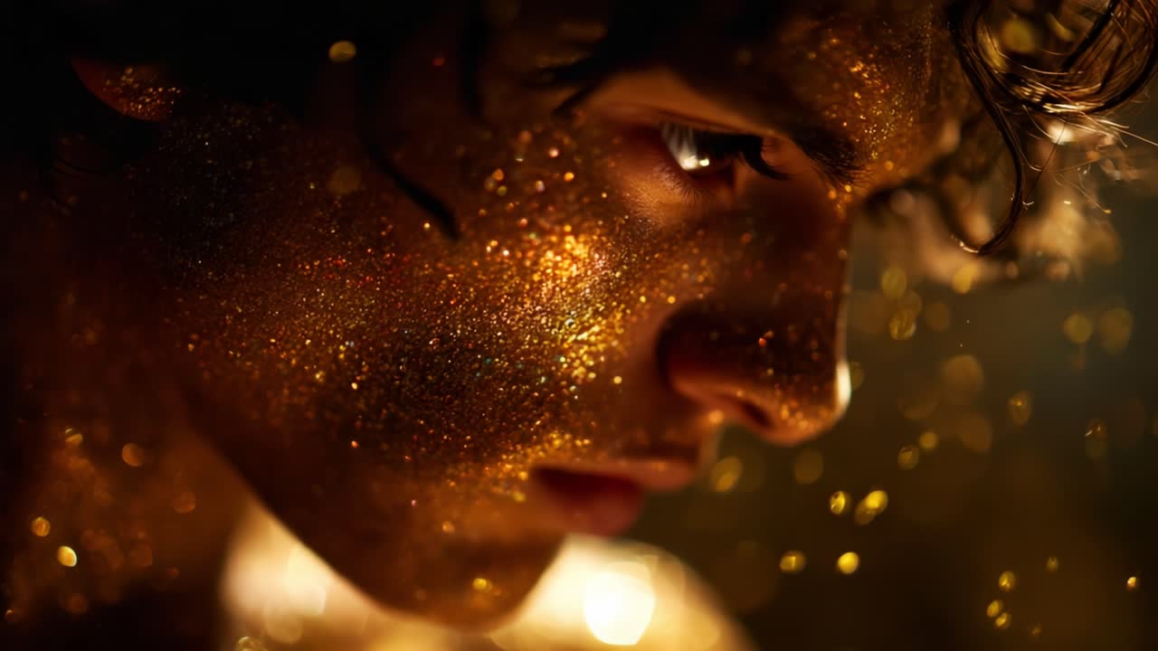 A mesmerizing close-up of a young person adorned with shimmering golden glitter on their face, capturing a moment that radiates beauty and artistic expression through the magical play of light and sparkle