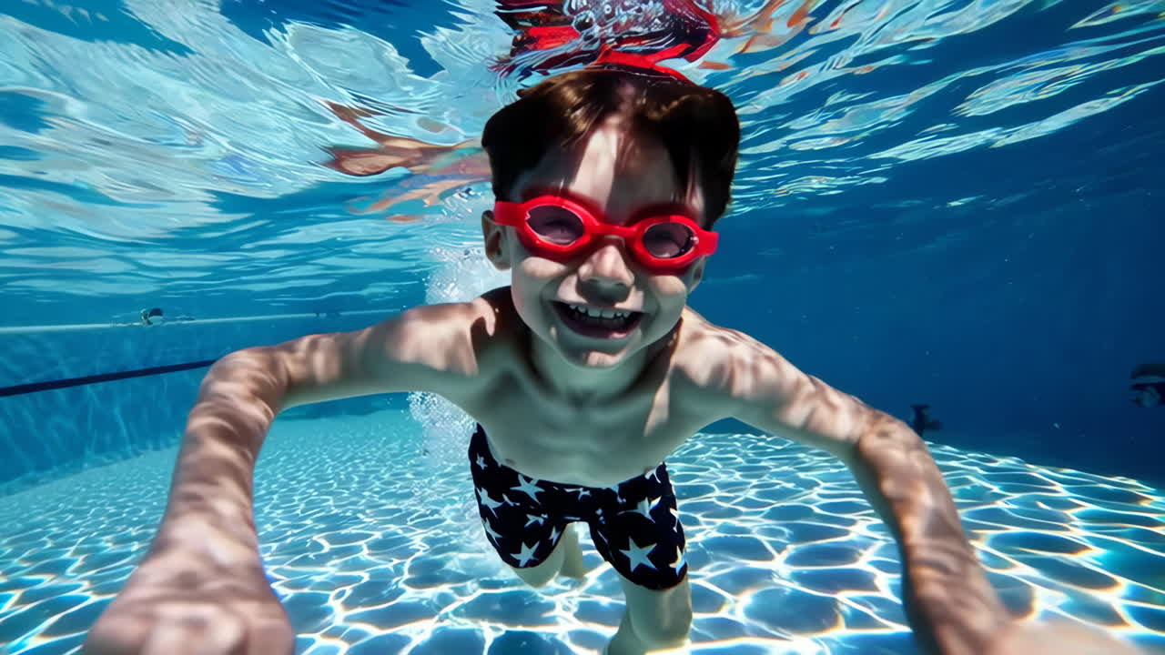 A happy boy swimming underwater in a pool