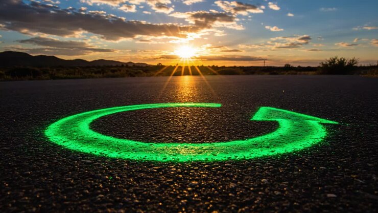 A Vibrant Sunset Illuminates a Refreshing Green Circular Symbol on the Road, Signifying New Beginnings and Endless Possibilities