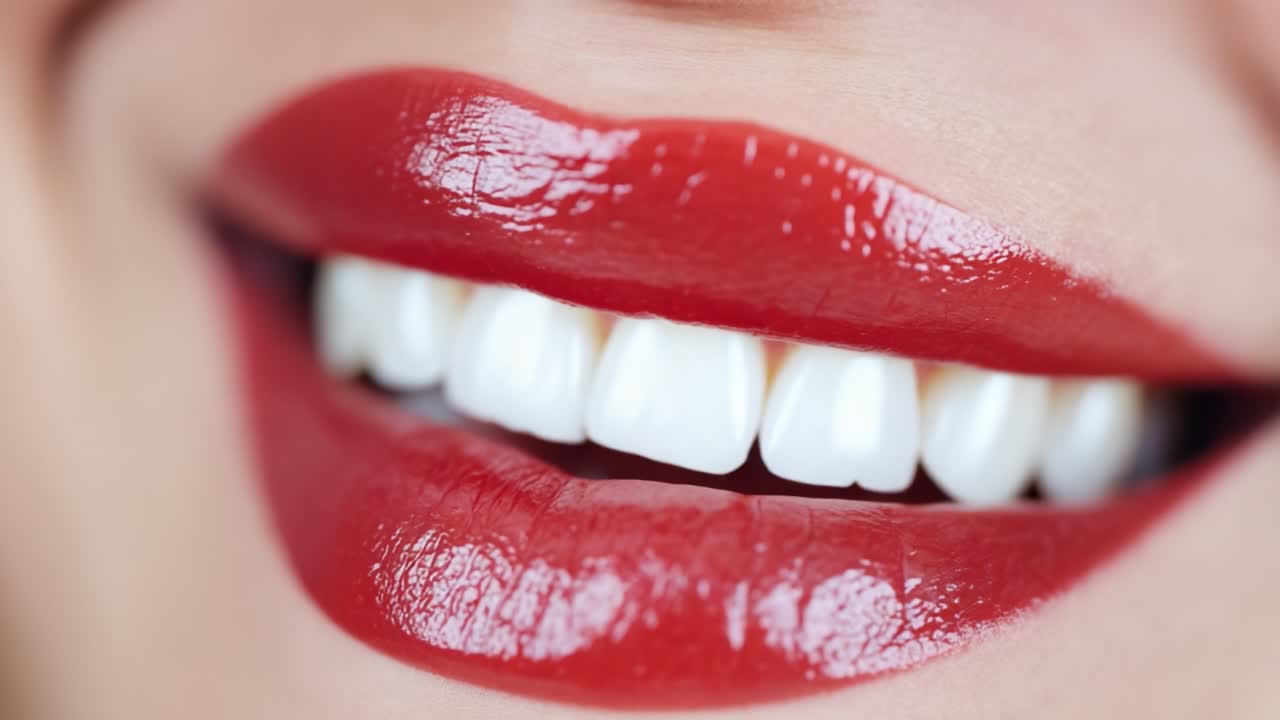 Dazzling Red Lips: A Captivating Display of Glossy Finish and Radiant Smile, Showcasing Beauty and Charm in Close-Up Frames of an Irresistible Expression