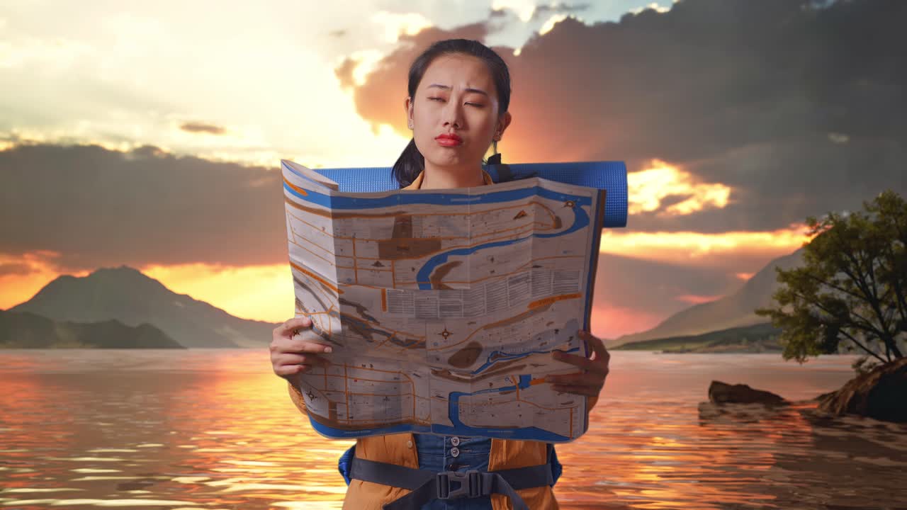 excursionista asiática con mochila de montañismo mirando el mapa y luego mirando a su alrededor mientras está de pie en un lago durante la hora del atardecer