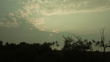 Sunset-silhouette-of-trees-against-a-cloudy-sky,-rays-peeking-through,-tranquil-and-serene