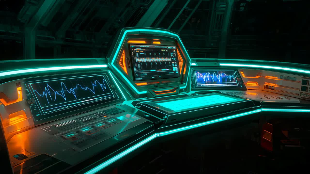 On system boot hexagonal console showing pulsing lighting and shifting waveforms at command bridge