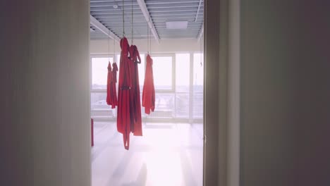a serene hallway scene with hanging red garments illuminated by soft natural light, inviting a sense of warmth and home amidst minimalist design elements