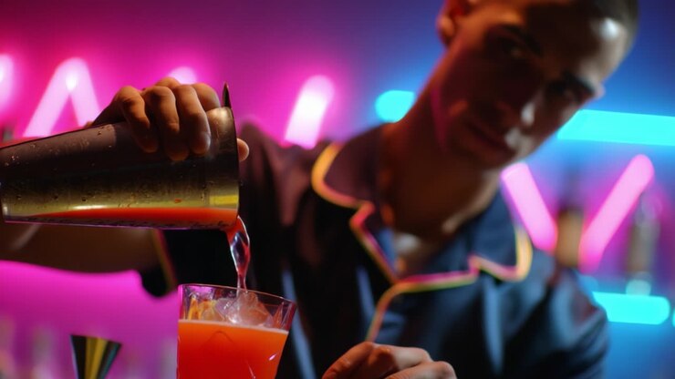 Un barman esperto versa alla perfezione un cocktail rinfrescante, mettendo in mostra l'arte della mixology in un vivace bar con illuminazione al neon che esalta l'esperienza di godersi una serata fuori