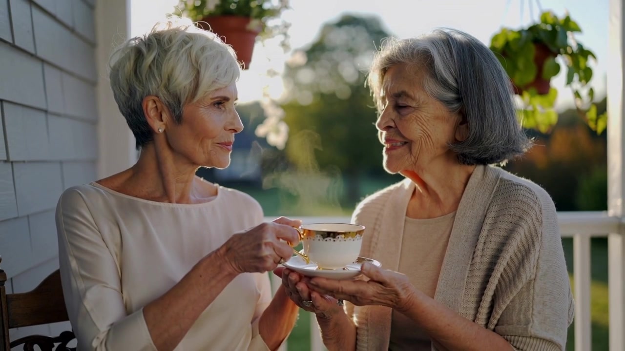Raising adult-daughter offering decorative teacup to mother on porch, exchanging gentle smiles