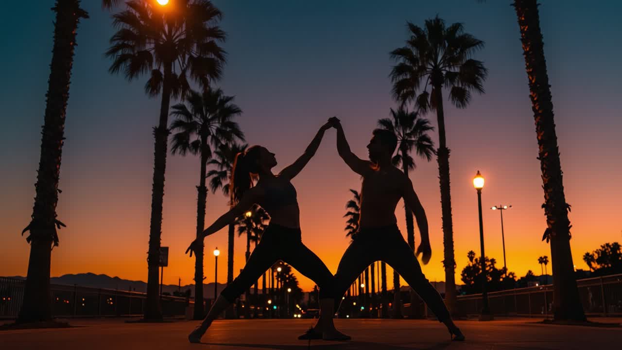 A Captivating Dance Under the Twilight: Two Silhouetted Dancers Engaging in Expressive Movement Amidst Majestic Palm Trees Against a Stunning Sunset Background