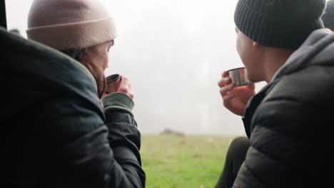 cheers, camping and couple drinking coffee