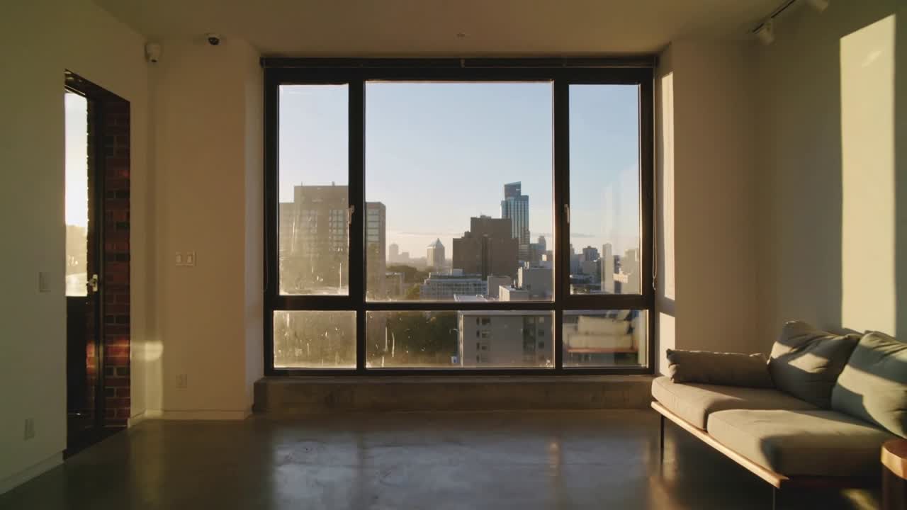 Cámara retrocediendo revelando una ventana alta con vistas al horizonte de la ciudad en un loft, mostrando el sofá y el suelo.