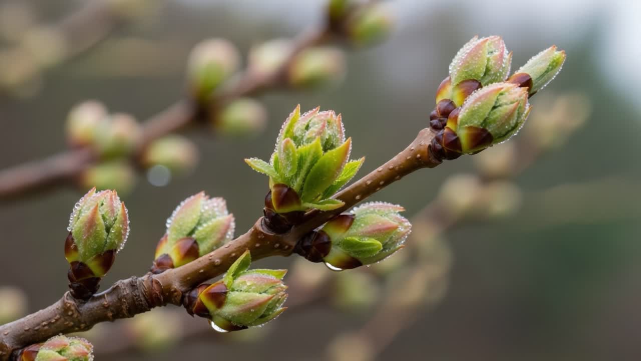 Vibrant Spring Buds Sprouting with Dewdrops: A Close-Up Exploration of Nature's Awakening in the Fresh Morning Light