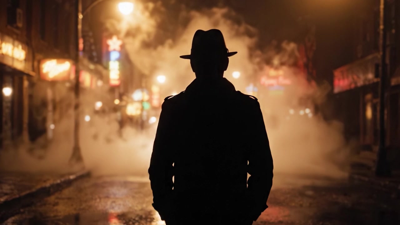 Figura misteriosa con gabardina se alza entre calles neblinosas por la noche, con luces de neón creando un ambiente noir atmosférico y una intrigante escena de suspense