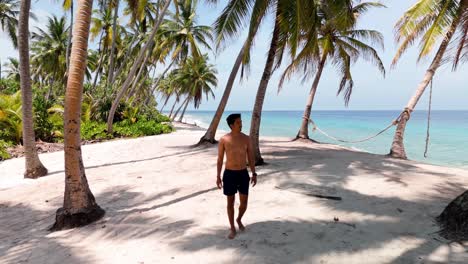 a breathtaking aerial drone view of a man walking on geiymiskih fannu beach at sunset, surrounded by lush palm trees in fuvahmulah, maldives.