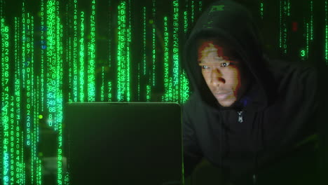 Animation of binary coding over african american male hacker using laptop in server room