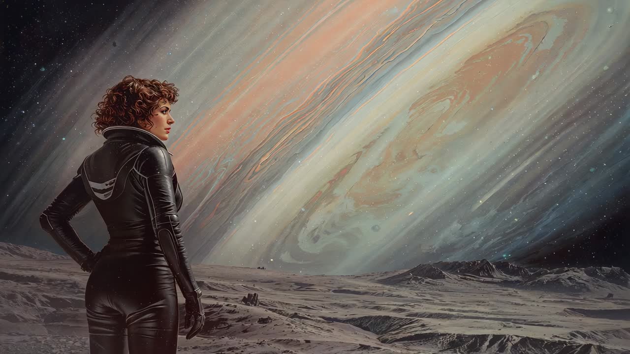 Gazing pilot in dark suit on cratered plain studying gas giant as camera zooming, copy space