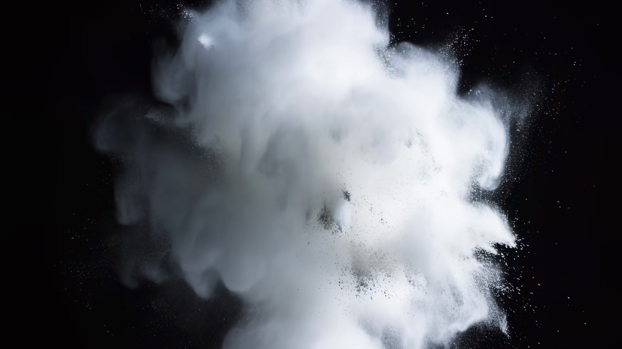White Powder Explosion Bursting Into Cloud Plume, Slow Motion Particles Scatter And Billow With Thick Texture,