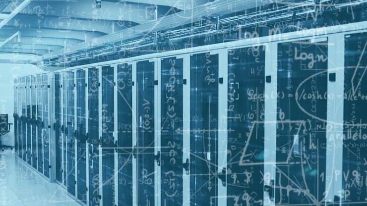 Animation of mathematical data and tech room with computer servers