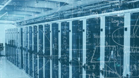 animazione di dati matematici e sala tecnica con server informatici
