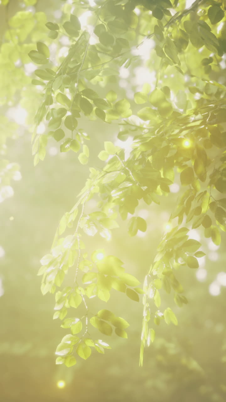Sunlight filtering through lush green leaves in a serene forest setting