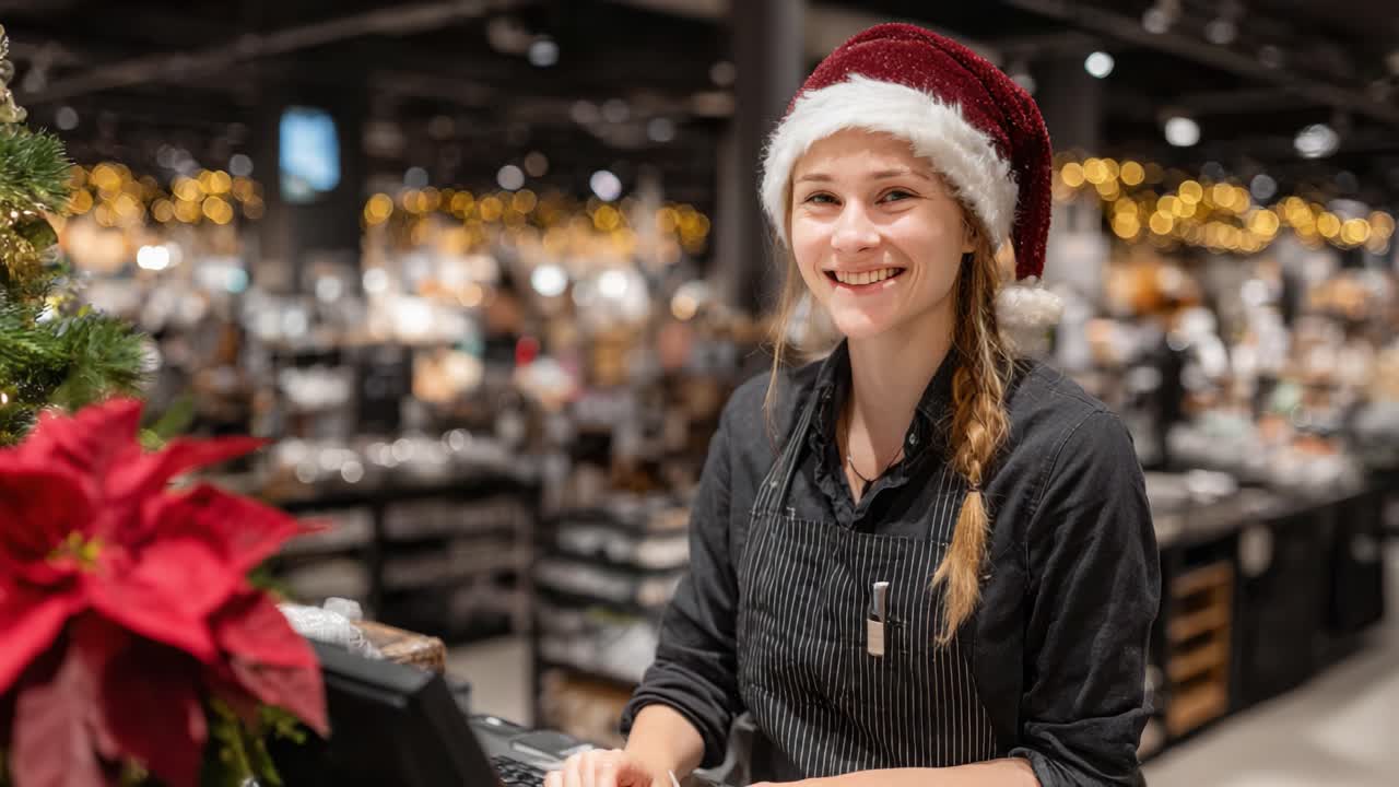 A cheerful young woman wearing a Santa hat and working at a retail checkout during the holiday season, radiating joy amidst festive decorations and twinkling lights in a busy store