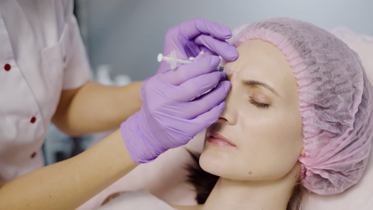Beautician gently makes Botox using a needle for the client. Preventing wrinkles. Beauty injections