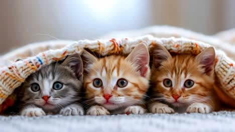 three kittens peeking out from under a blanket