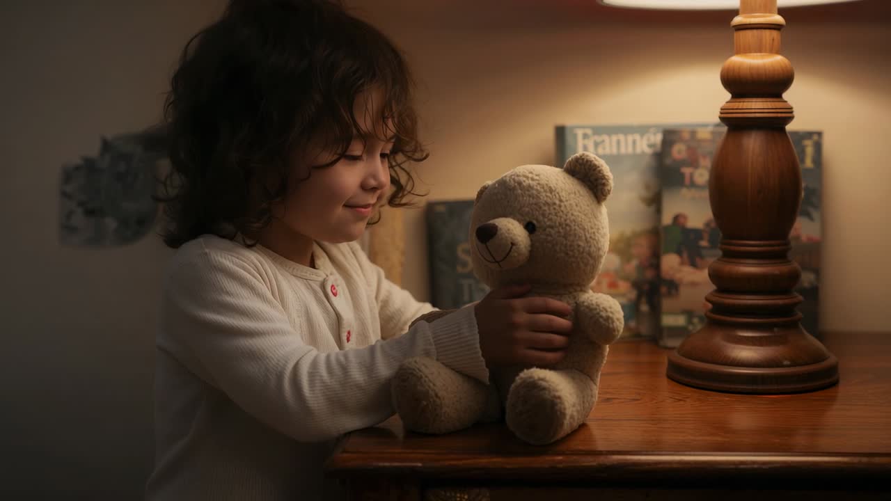 Reaching preschool girl in pajamas arranging teddy on bedside table with lamp and books for sleep