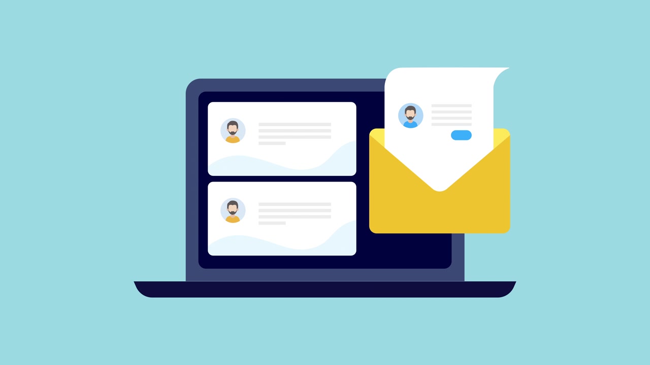 Laptop animato che mostra una notifica email e profili utente.