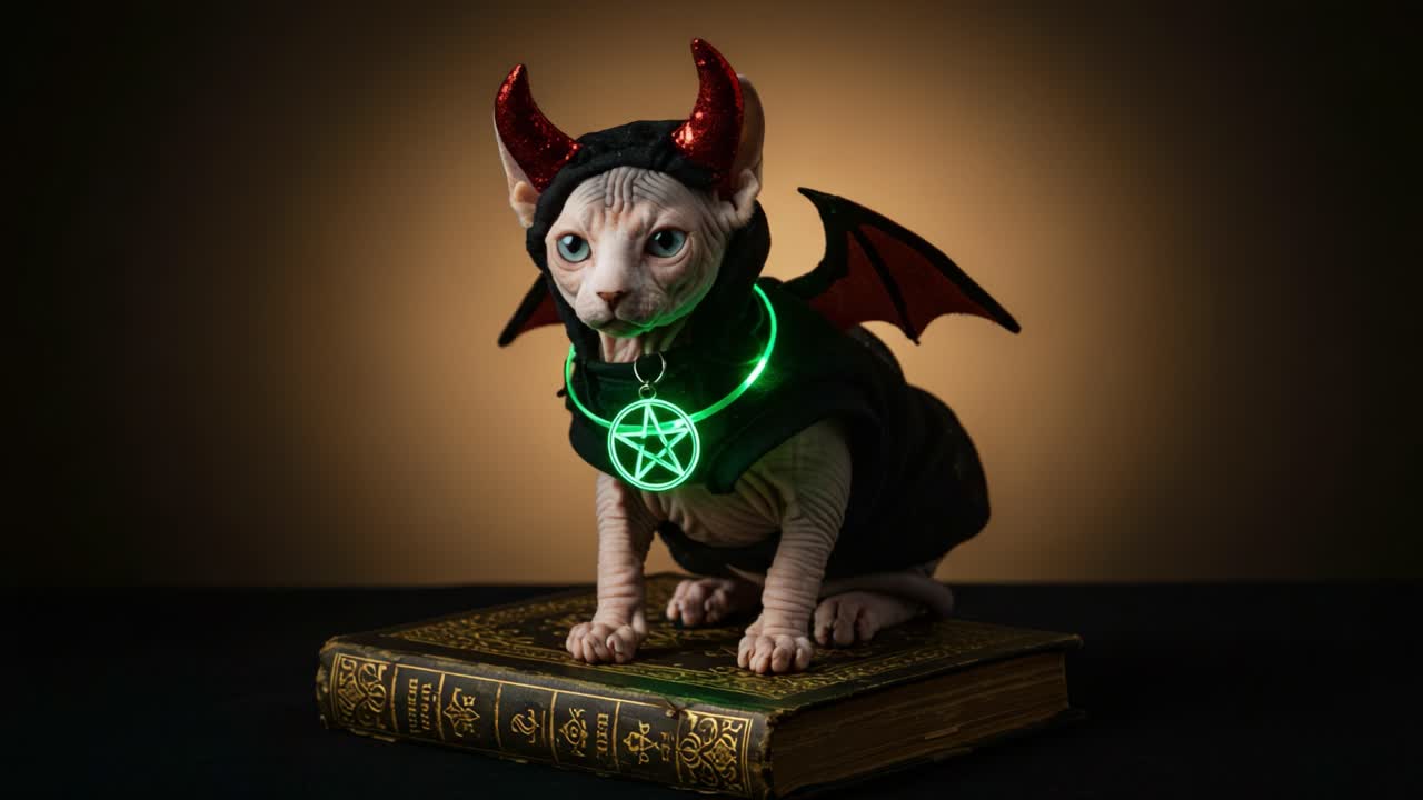 Un felino misterioso in stile dark fantasy - Un gatto Sphynx unico in un abito enigmatico con corna e ali, elegantemente posato su un libro antico.