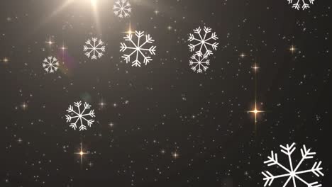 Snowflakes-icons-falling-against-shining-stars-and-spot-of-light-on-black-background