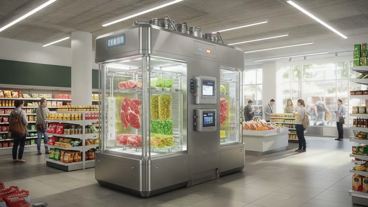 Innovative Automated Vending Machine Displaying Fresh Fruits and Vegetables in a Modern Grocery Store Environment, Showcasing Advanced Interactive Features