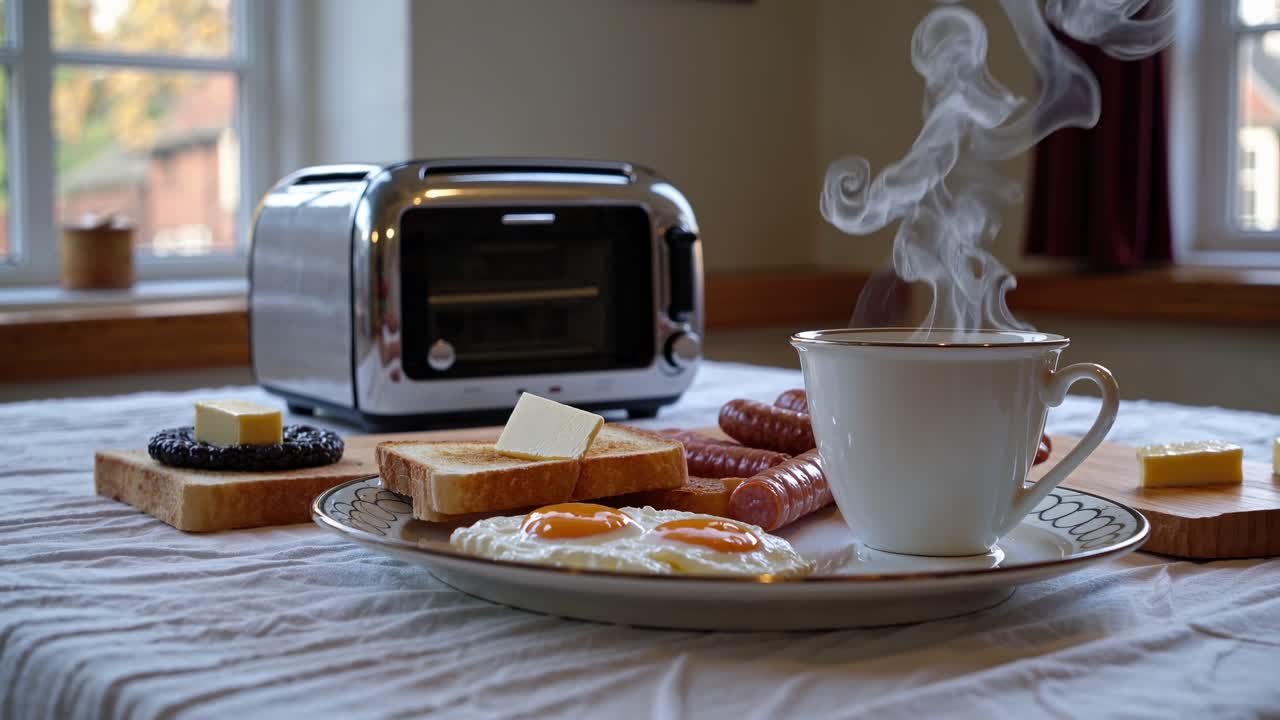 el vapor caliente se eleva de una taza de bebida caliente junto a un plato de desayuno irlandés tradicional, que incluye tostadas, salchichas, huevos fritos, pudín negro y mantequilla, con una tostadora en el fondo