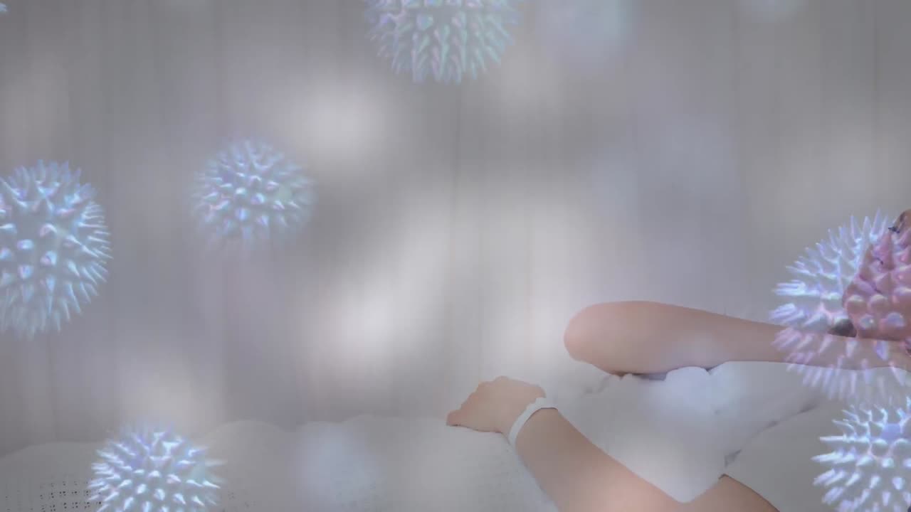 병에 걸린 백인 여성 위에 바이러스 세포의 애니메이션