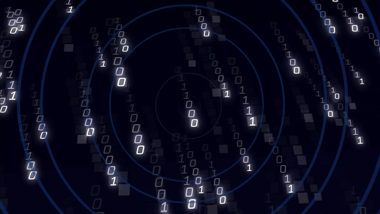 Digits flickering near neon-blue rings causing cascading streams across circles showing data flow