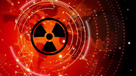 looped animation of nuclear danger icon on yellow hot background. radiation pollution. world map with circular elements and plexus lines. chaotic movement of small particles.