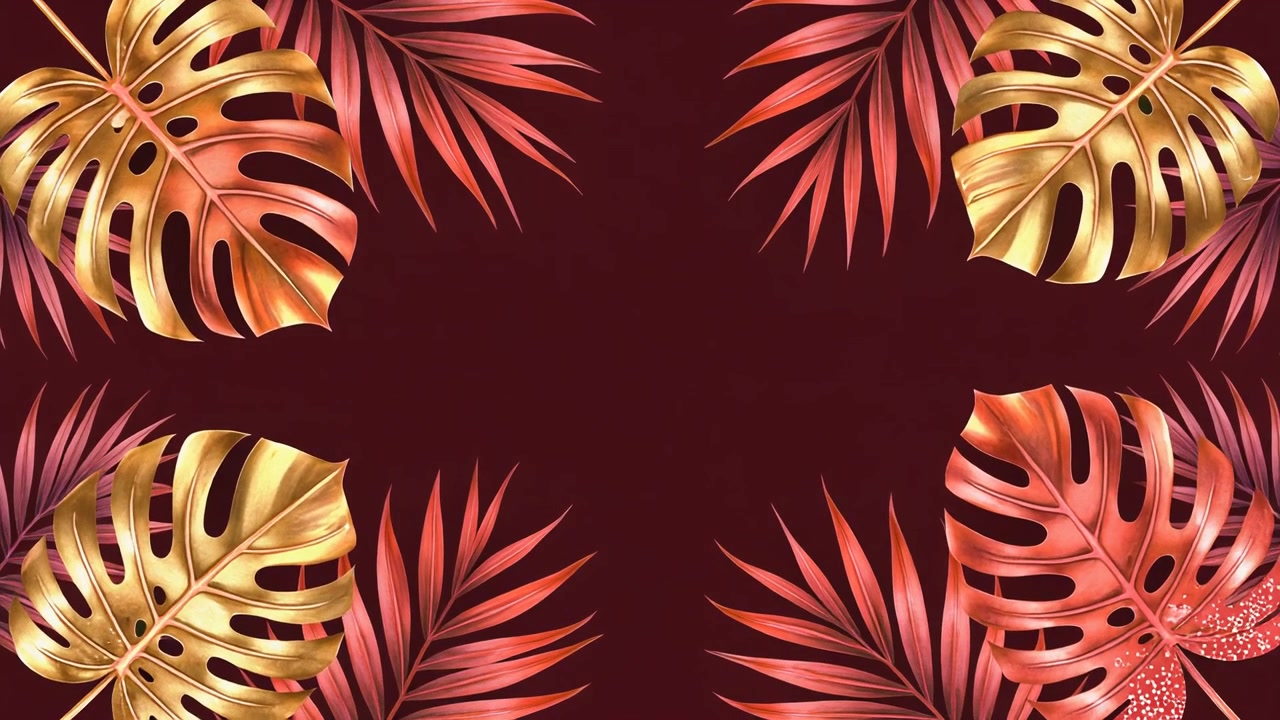 Animierte goldene und rote tropische Monstera-Blätter auf dunklem Hintergrund